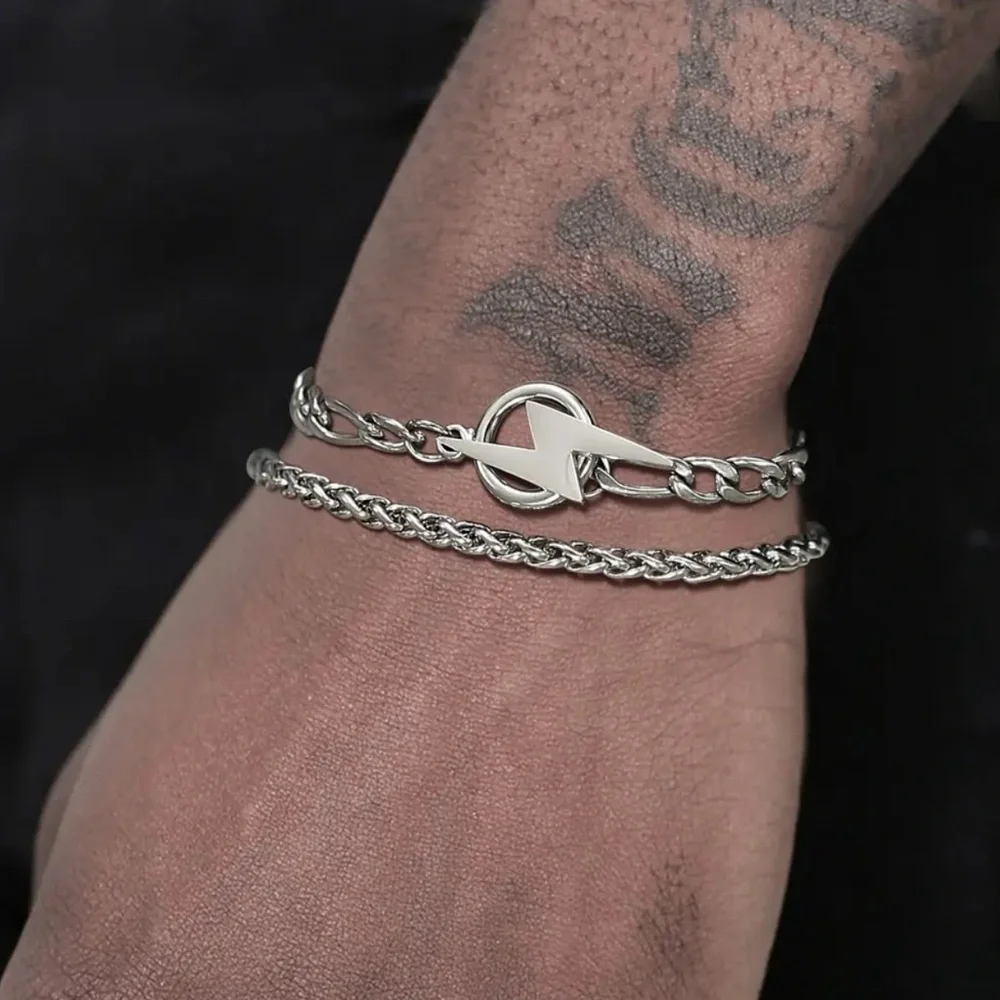 ⭐️NEW⭐️ 925 Sterling Silver Plated Wide Chain Lightning Bolt Toggle Bracelet Set